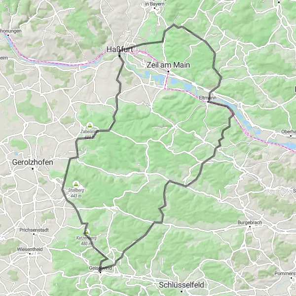 Karten-Miniaturansicht der Radinspiration "Weinberge und Dörfer" in Unterfranken, Germany. Erstellt vom Tarmacs.app-Routenplaner für Radtouren