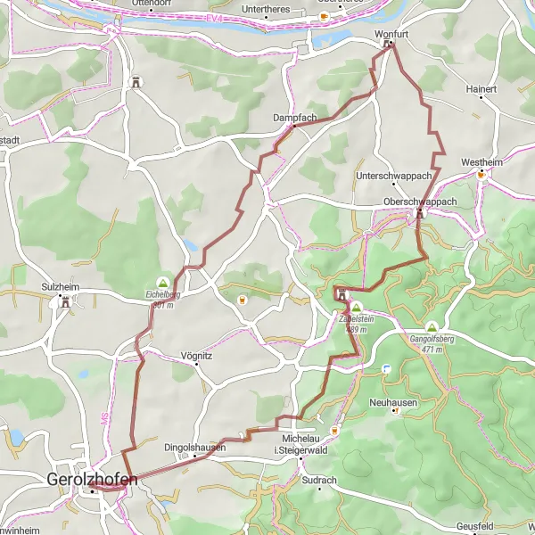 Map miniature of "Epic Gravel Adventure from Gerolzhofen" cycling inspiration in Unterfranken, Germany. Generated by Tarmacs.app cycling route planner
