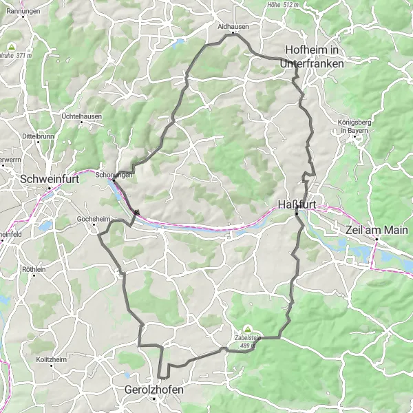 Map miniature of "Scenic Journey through Unterfranken" cycling inspiration in Unterfranken, Germany. Generated by Tarmacs.app cycling route planner