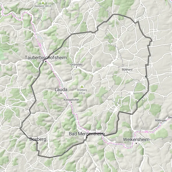 Karten-Miniaturansicht der Radinspiration "Tauberbischofsheimer Abenteuer" in Unterfranken, Germany. Erstellt vom Tarmacs.app-Routenplaner für Radtouren