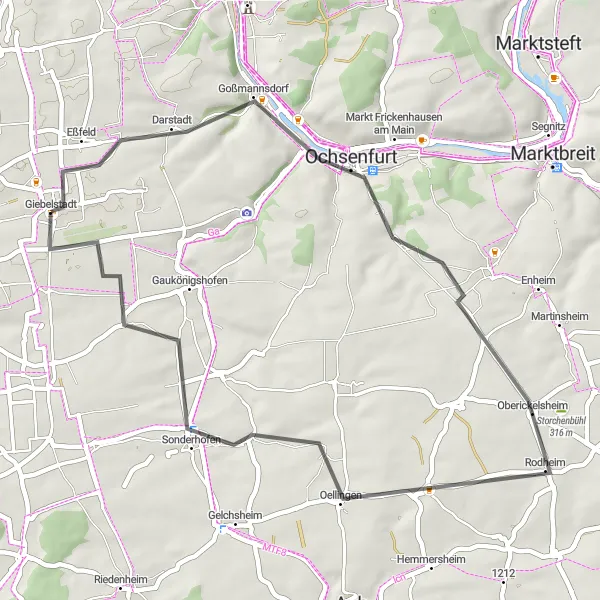 Karten-Miniaturansicht der Radinspiration "Rund um Giebelstadt" in Unterfranken, Germany. Erstellt vom Tarmacs.app-Routenplaner für Radtouren