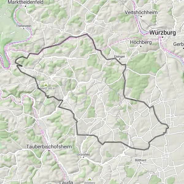 Karten-Miniaturansicht der Radinspiration "Hügeliges Unterfranken" in Unterfranken, Germany. Erstellt vom Tarmacs.app-Routenplaner für Radtouren
