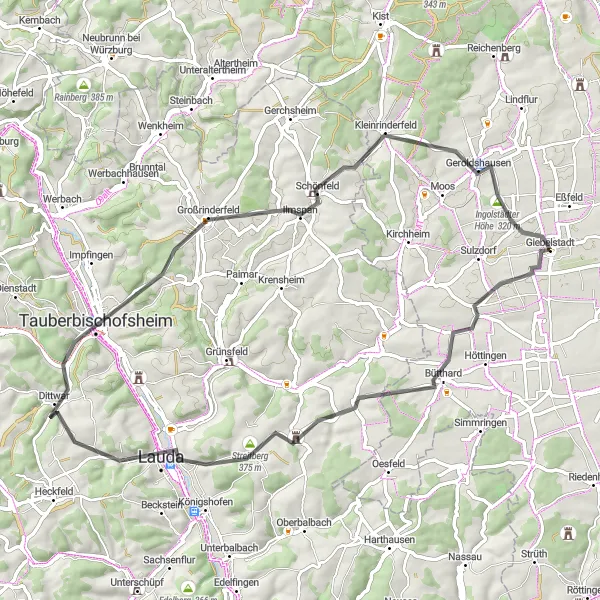 Karten-Miniaturansicht der Radinspiration "Hügeliges Terrain und idyllische Dörfer" in Unterfranken, Germany. Erstellt vom Tarmacs.app-Routenplaner für Radtouren