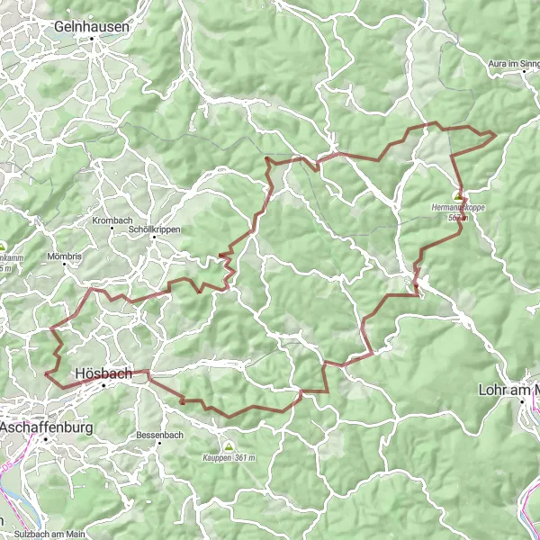 Map miniature of "Spessart Gravel Challenge" cycling inspiration in Unterfranken, Germany. Generated by Tarmacs.app cycling route planner