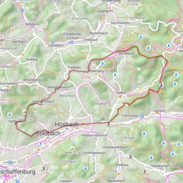 Map miniature of "The Hills of Glattbach" cycling inspiration in Unterfranken, Germany. Generated by Tarmacs.app cycling route planner