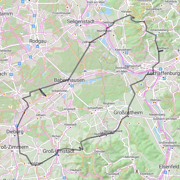 Map miniature of "Schönbusch Tower Gravel Loop" cycling inspiration in Unterfranken, Germany. Generated by Tarmacs.app cycling route planner