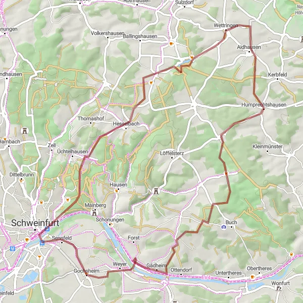 Map miniature of "Gochsheim to Schweinfurt Gravel Adventure" cycling inspiration in Unterfranken, Germany. Generated by Tarmacs.app cycling route planner
