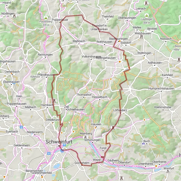 Map miniature of "Off the Beaten Path" cycling inspiration in Unterfranken, Germany. Generated by Tarmacs.app cycling route planner