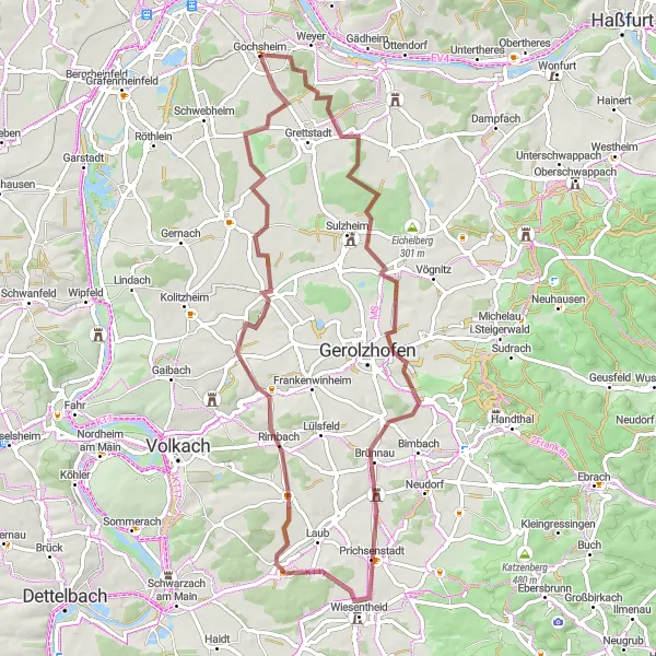 Map miniature of "Hilltop Adventure" cycling inspiration in Unterfranken, Germany. Generated by Tarmacs.app cycling route planner