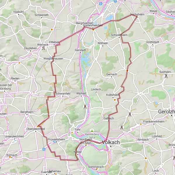 Map miniature of "Gravel Adventure through Scenic Landscapes" cycling inspiration in Unterfranken, Germany. Generated by Tarmacs.app cycling route planner