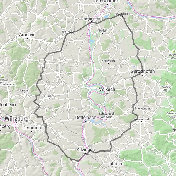 Map miniature of "Gochsheim to Grafenrheinfeld Road Cycling Route" cycling inspiration in Unterfranken, Germany. Generated by Tarmacs.app cycling route planner