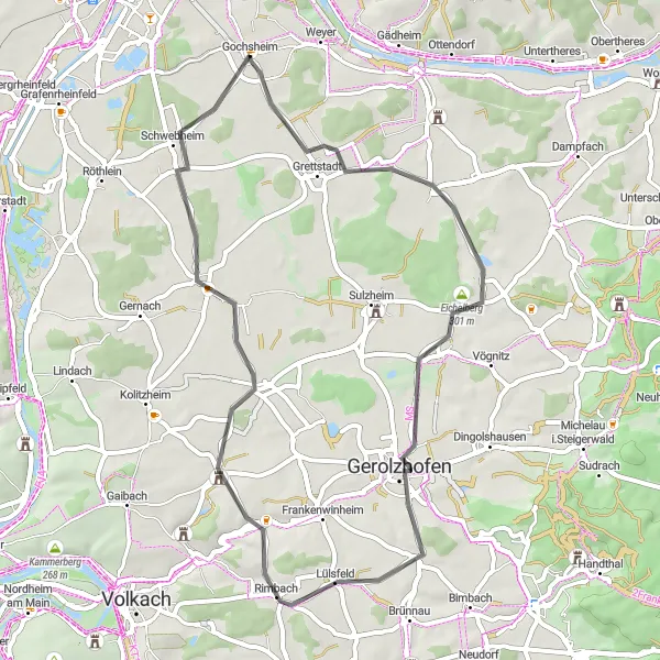 Map miniature of "Gochsheim to Gerolzhofen Road Cycling Route" cycling inspiration in Unterfranken, Germany. Generated by Tarmacs.app cycling route planner