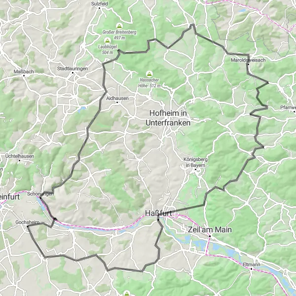 Map miniature of "The Long Haul" cycling inspiration in Unterfranken, Germany. Generated by Tarmacs.app cycling route planner
