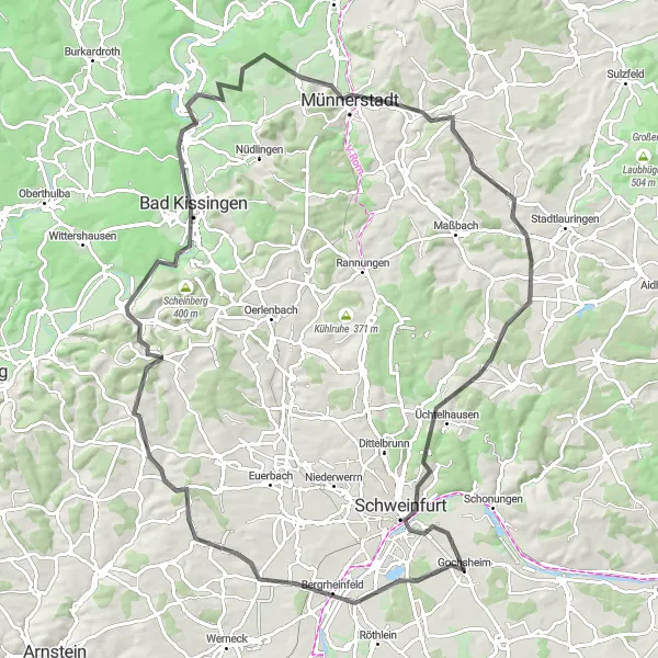 Map miniature of "Challenging Hills and Historic Sights" cycling inspiration in Unterfranken, Germany. Generated by Tarmacs.app cycling route planner