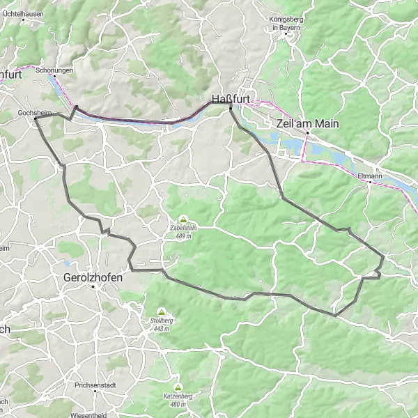 Map miniature of "Exploring the Surroundings of Gochsheim" cycling inspiration in Unterfranken, Germany. Generated by Tarmacs.app cycling route planner