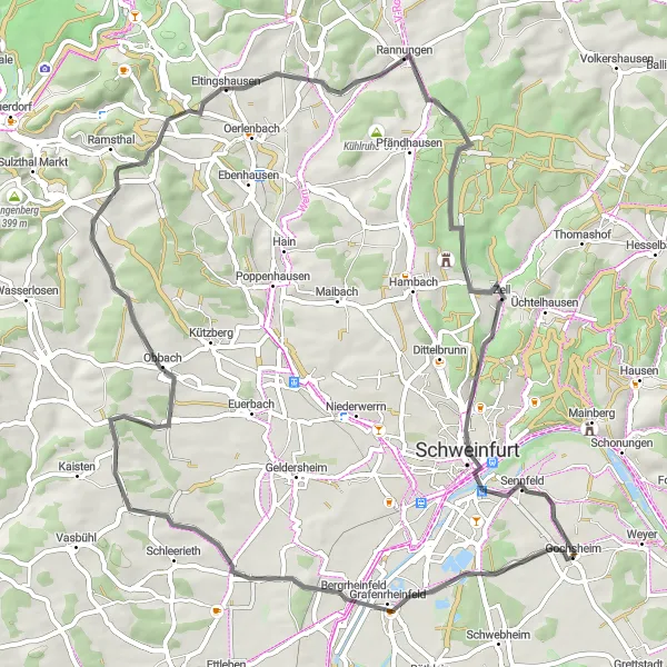 Map miniature of "Scenic Roads and Cultural Delights" cycling inspiration in Unterfranken, Germany. Generated by Tarmacs.app cycling route planner