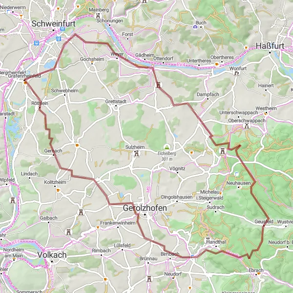 Map miniature of "Gravelly Journey to Majestic Views" cycling inspiration in Unterfranken, Germany. Generated by Tarmacs.app cycling route planner