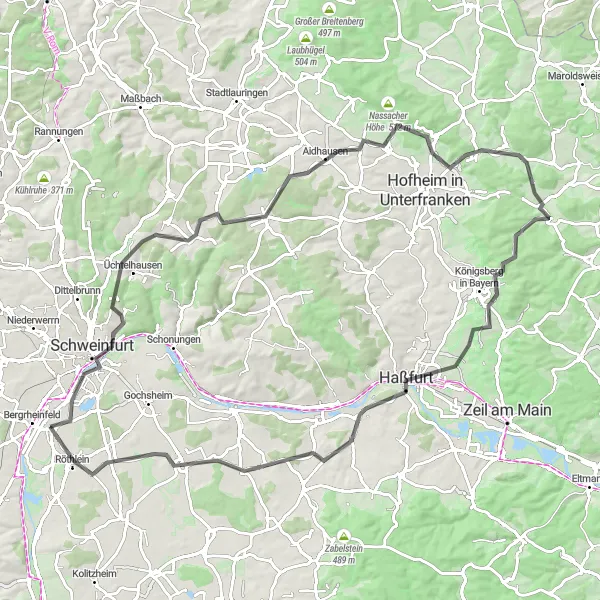 Map miniature of "Captivating Mountains and Charming Villages" cycling inspiration in Unterfranken, Germany. Generated by Tarmacs.app cycling route planner