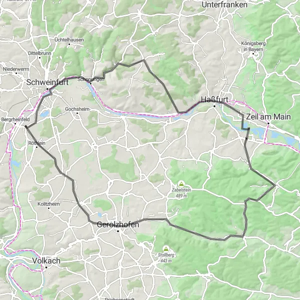 Map miniature of "Journey through Historical Time" cycling inspiration in Unterfranken, Germany. Generated by Tarmacs.app cycling route planner