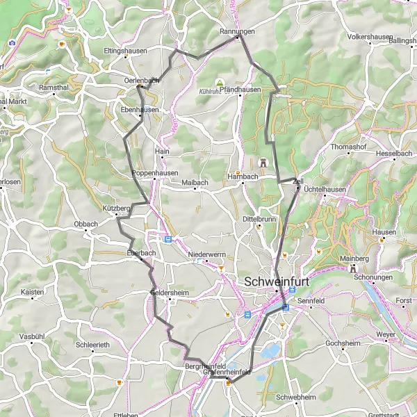 Map miniature of "Road Route 1" cycling inspiration in Unterfranken, Germany. Generated by Tarmacs.app cycling route planner