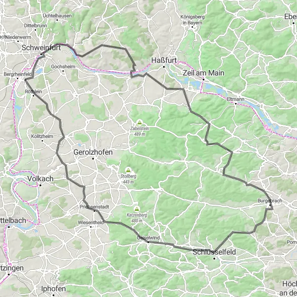 Map miniature of "Road Route 2" cycling inspiration in Unterfranken, Germany. Generated by Tarmacs.app cycling route planner