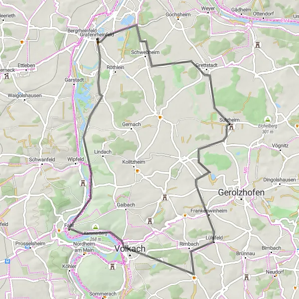 Map miniature of "Road to Scenic Serenity" cycling inspiration in Unterfranken, Germany. Generated by Tarmacs.app cycling route planner