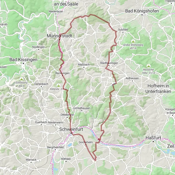 Map miniature of "Schweinfurt Gravel Adventure" cycling inspiration in Unterfranken, Germany. Generated by Tarmacs.app cycling route planner
