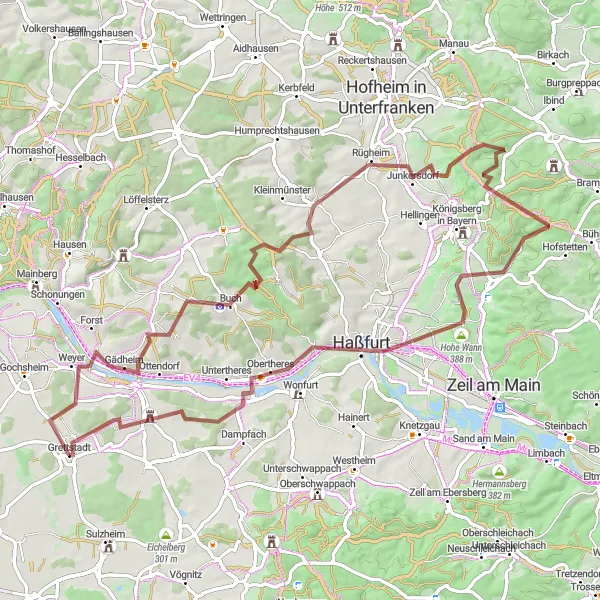 Map miniature of "The Hillside Gravel Adventure" cycling inspiration in Unterfranken, Germany. Generated by Tarmacs.app cycling route planner