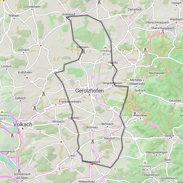 Map miniature of "Eichelberg Loop" cycling inspiration in Unterfranken, Germany. Generated by Tarmacs.app cycling route planner