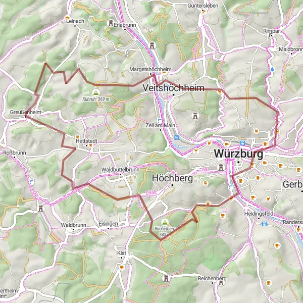 Karten-Miniaturansicht der Radinspiration "Rundtour von Greußenheim nach Greußenheim über Würzburg und Hettstadt" in Unterfranken, Germany. Erstellt vom Tarmacs.app-Routenplaner für Radtouren