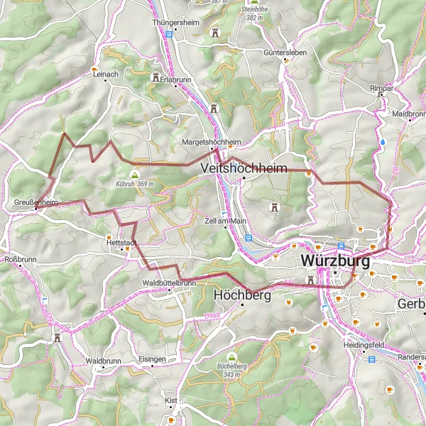 Karten-Miniaturansicht der Radinspiration "Graveltour durch Veitshöchheim und Würzburg" in Unterfranken, Germany. Erstellt vom Tarmacs.app-Routenplaner für Radtouren