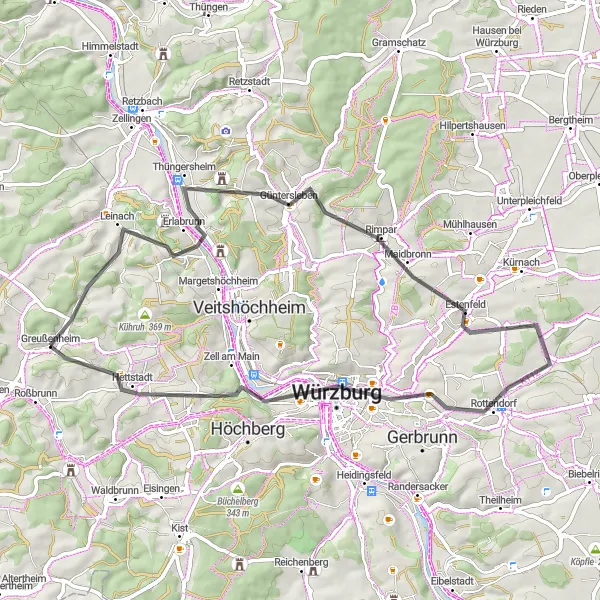 Karten-Miniaturansicht der Radinspiration "Von Greußenheim nach Würzburg und zurück" in Unterfranken, Germany. Erstellt vom Tarmacs.app-Routenplaner für Radtouren
