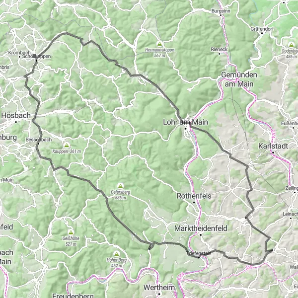 Karten-Miniaturansicht der Radinspiration "Rennradtour über Blankenbach und Partenstein" in Unterfranken, Germany. Erstellt vom Tarmacs.app-Routenplaner für Radtouren