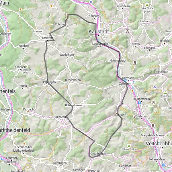 Karten-Miniaturansicht der Radinspiration "Zwischen Zellingen und Greußenheim" in Unterfranken, Germany. Erstellt vom Tarmacs.app-Routenplaner für Radtouren