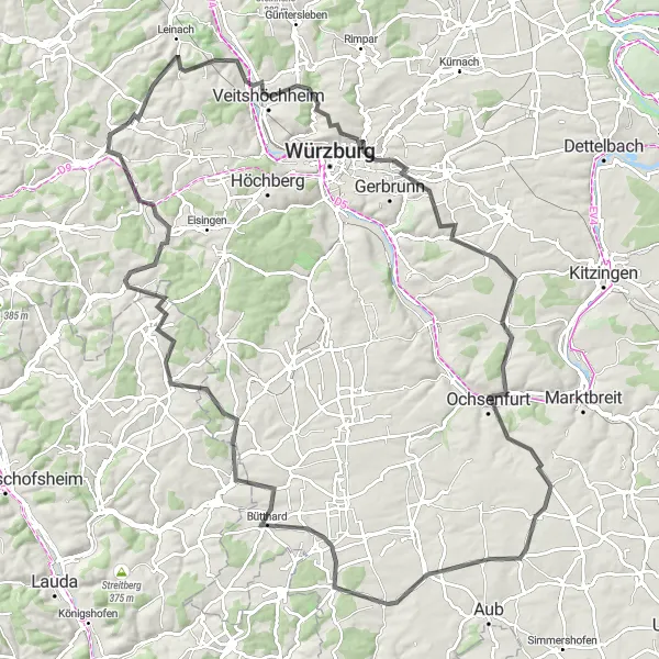 Karten-Miniaturansicht der Radinspiration "Ochsenfurt und Umgebung" in Unterfranken, Germany. Erstellt vom Tarmacs.app-Routenplaner für Radtouren