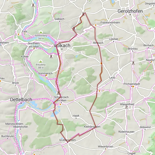 Map miniature of "Main-Steigerwald Gravel Loop" cycling inspiration in Unterfranken, Germany. Generated by Tarmacs.app cycling route planner