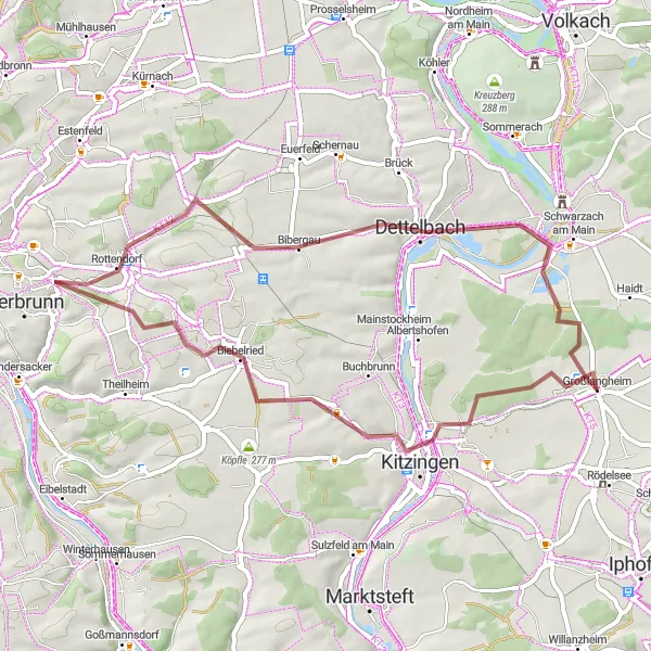 Karten-Miniaturansicht der Radinspiration "Gravelabenteuer rund um Großlangheim" in Unterfranken, Germany. Erstellt vom Tarmacs.app-Routenplaner für Radtouren