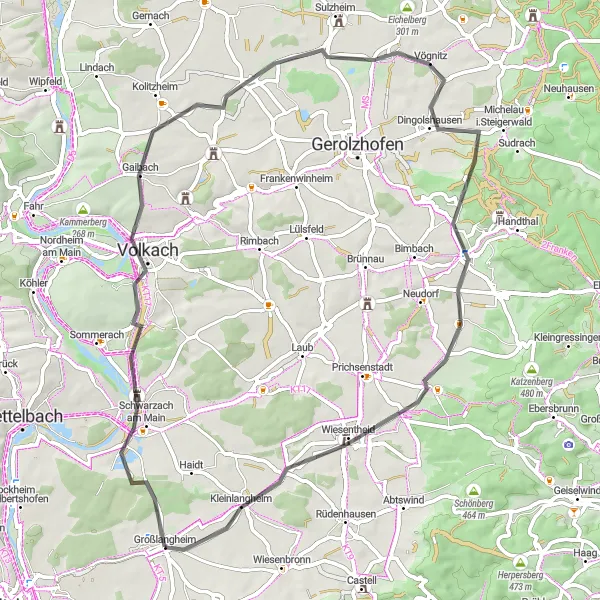 Map miniature of "Road Cycling through Volkach and Wiesentheid" cycling inspiration in Unterfranken, Germany. Generated by Tarmacs.app cycling route planner