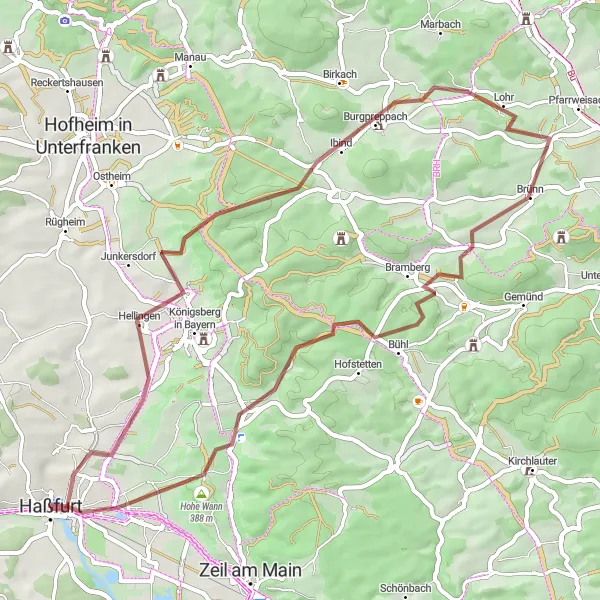 Map miniature of "Gravel Adventure" cycling inspiration in Unterfranken, Germany. Generated by Tarmacs.app cycling route planner