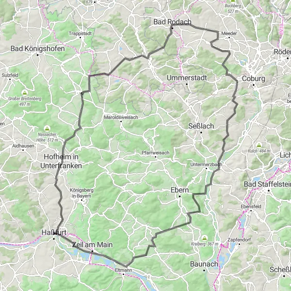 Map miniature of "Countryside Escape" cycling inspiration in Unterfranken, Germany. Generated by Tarmacs.app cycling route planner