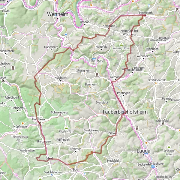 Karten-Miniaturansicht der Radinspiration "Gravelabenteuer um Helmstadt" in Unterfranken, Germany. Erstellt vom Tarmacs.app-Routenplaner für Radtouren