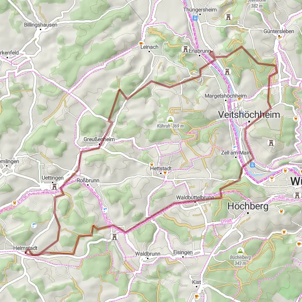 Karten-Miniaturansicht der Radinspiration "Kurze Gravelrunde um Helmstadt" in Unterfranken, Germany. Erstellt vom Tarmacs.app-Routenplaner für Radtouren