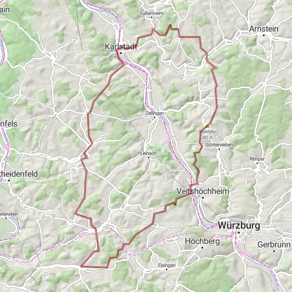 Karten-Miniaturansicht der Radinspiration "Gravel-Abenteuer durch Mainfranken" in Unterfranken, Germany. Erstellt vom Tarmacs.app-Routenplaner für Radtouren