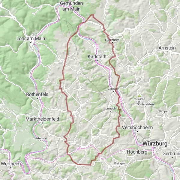 Karten-Miniaturansicht der Radinspiration "Gravelroute durch die Natur um Helmstadt" in Unterfranken, Germany. Erstellt vom Tarmacs.app-Routenplaner für Radtouren