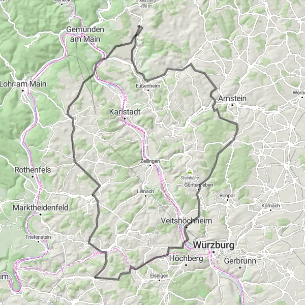 Karten-Miniaturansicht der Radinspiration "Rundtour durch Mainfranken" in Unterfranken, Germany. Erstellt vom Tarmacs.app-Routenplaner für Radtouren