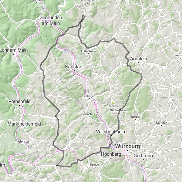 Map miniature of "Discover the Hills and Castles" cycling inspiration in Unterfranken, Germany. Generated by Tarmacs.app cycling route planner