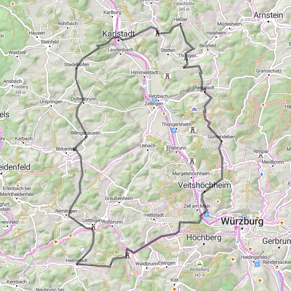 Map miniature of "Journey through the Heart of Lower Franconia" cycling inspiration in Unterfranken, Germany. Generated by Tarmacs.app cycling route planner