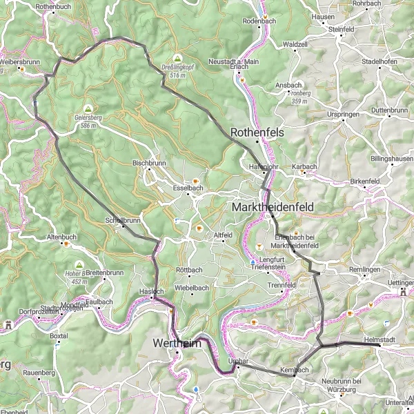Map miniature of "The Hills of Helmstadt" cycling inspiration in Unterfranken, Germany. Generated by Tarmacs.app cycling route planner