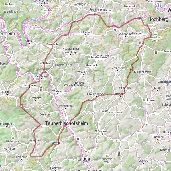 Karten-Miniaturansicht der Radinspiration "Gravelabenteuer durch die Weinberge" in Unterfranken, Germany. Erstellt vom Tarmacs.app-Routenplaner für Radtouren