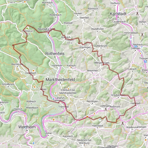Karten-Miniaturansicht der Radinspiration "Schotterradtour durch Natur und Landschaft" in Unterfranken, Germany. Erstellt vom Tarmacs.app-Routenplaner für Radtouren
